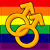 A pixelated icon featuring intertwined golden male and female symbols on a rainbow striped background with "Gay Pride" text.