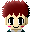 Pixel art avatar with red spiky hair, pink cheeks, and teal clothing showing four facial expressions: wide eyes, closed eyes, and two variations of smiling.