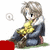 Pixelated character with light brown hair, white shirt, dark blue jacket, and yellow scarf sitting on a red and green surface.