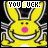 Yellow cartoon bunny with pink nose and white teeth, smiling widely against black background; text "YOU SUCK." appears above the head.