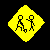 Yellow diamond-shaped icon with black stick figures performing a wrestling move, transitioning through red pixelated effects on the figures and background.