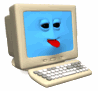 Animated beige computer monitor with blue screen showing face, red tongue extended, white keyboard below.