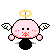 Pixel art character with pink body, black lower half, white wings, and golden halo in multiple states including explosion effects.