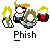 Animated contact sheet of 12 pixel art frames showing a character-based animation with multiple poses and a fish-shaped icon variant, all labeled "Phish" below each frame.