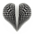 A grayscale heart-shaped icon with a vertical split down the middle, rendered in pixelated style with varying shades of gray and black.
