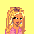 Pixel art contact sheet showing multiple frames of a blonde female character in pink and white clothing with green text labels on blue backgrounds.