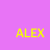 A pink background displays multiple 'ALEX' text variations in different colors, with yellow hearts and blue dotted lines animating across the scene.
