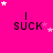 A bright pink background with repeated 'SUCK' text and star animations in white and light pink.