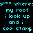 Pixelated cyan text on black background repeats 'my roof i look up and i see stars' with three asterisks above each phrase, animated white star-like shapes appear in the middle of the third line.