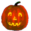 Two pixelated pumpkin faces with carved expressions, one orange with green stem, one red with black stem, on gray background.