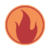Circular orange emblem with a red flame symbol at center, rendered in pixelated style on gray background.