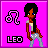 Pixel art icon with bright pink background showing a stylized figure with dark hair, blue eye, and brown skin, alongside a pink zodiac symbol and 'LEO' text.