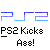 Pixelated blue PS2 logo above black text reading 'PS2 Kicks Ass!' on white background.