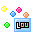 Pixelated icon with blue square frames containing 'LOU' text, surrounded by colored pixel shapes on a gray background