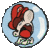Pixelated character with red hat and shirt inside light blue circular frame, white face, black eyes, green accents on limbs.