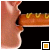 A close-up of a character's mouth biting a sausage with yellow toppings against a black background, with a square border changing color.