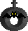 Pixelated circular icon with dark gray ring, black bat silhouette inside, and yellow eyes on left frame; right frame shows bat without eyes.