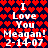Pixelated text on a dark blue background with red heart pattern, displaying 'I Love You Meagan! 2-14-07' in white block letters.