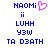 Blue pixelated text 'NAOMI' with a pink heart symbol, followed by stacked blue text lines on white background.