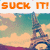 Animated pixel art of the Eiffel Tower with changing text and symbols against a cloudy sky background.
