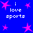 Blue background with pink star shapes and white text reading "i love sports" in four quadrants.