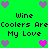 A static 4-frame contact sheet of a pixel art icon with green background, purple and pink hearts, and repeated text "Wine Coolers Are My Love" in black pixelated font.