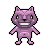 Pixelated purple creature with cat-like ears, wide eyes, pink cheeks, and a broad toothy grin against gray background.