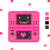 Pixelated pink handheld device with two screens showing a smiling face and heart symbol, surrounded by scattered pink squares on white background.