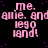 Pixelated pink text repeats 'me. amie. andamie. andamie. and lego land!' across a black background with scattered purple dots, forming a of identical phrases