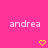 Pixelated text 'andrea' in light pink on bright pink background with yellow heart symbols below.