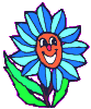 A cartoon flower with a smiling orange face, blue and light-blue striped petals, green leaves, and a brown stem on gray background.