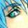 Pixelated close-up of a human eye with green and brown hues, set against a blue-to-yellow gradient background.