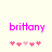 Pixelated pink text 'brittany' above five pink heart icons on a light background, with the hearts' positions shifting between frames.