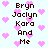 Pixelated text listing names 'Bryn Jaclyn Kara And Me' over light blue background with pink heart shapes.