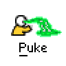 A static contact sheet of two identical animated frames showing a yellow stick figure puking green liquid with the text "Puke" below each frame and red "badass buddy .com" branding in the top right corner.