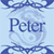 A static pixelated image with a light blue background featuring the name "Peter" in dark blue serif text centered within a circular frame bordered by blue floral patterns.