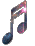 Animated sequence of musical notes with pink and blue gradient fills, transitioning through various sizes and orientations against a gray background.