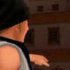 A character in a sleeveless shirt and black head covering appears in a sequence of frames with changing text overlays.