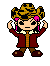 Pixel art character in maroon coat and tiger-print hat with pink hair ties, shown across nine poses on gray background.