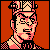 Pixel art portrait of a character with pink and beige tones against an orange background, featuring checkered patterns on the headpiece and shoulders.