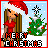 Pixel art contact sheet showing two animated frames of a Christmas-themed buddy icon with a female character in red dress and Santa hat next to a decorated tree.