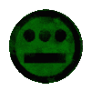A green circular icon with a face showing three dots for eyes and a horizontal line mouth, displayed in multiple orientations across an 8-frame contact sheet.
