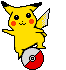 Yellow cartoon character with red cheeks and black-tipped ears stands on a red-and-white spherical object, alternating between winged and non-winged poses