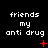 Black background with white pixelated text 'friends my anti drug' repeated in a , red symbols changing across frames