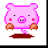 Pixelated pink pig icon with brown hooves and red blush, standing on a dark red puddle against white background; adjacent text reads "Save Pigs No Bacon" in purple pixel font on black background.