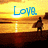 Pixelated sunset scene with blue text 'Love' above a silhouetted figure standing on a dark shore.
