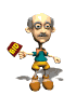 Animated cartoon character with balding gray hair, mustache, and glasses holds a red sign reading 'BID' while changing facial expressions and arm positions across frames.