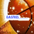 A basketball with a brown surface and black lines, featuring a white rectangular bar with blue text on the left side, a yellow bar on the right side, and a small blue square with white text in the bottom center.