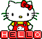 Pixelated Hello Kitty character with red bow and yellow eyes, wearing red overalls with white paw print on chest, standing above red block letters spelling HELLO.