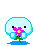 A 3x2 contact sheet of five pixel art frames showing a light blue blob character with black eyes and simple smile, holding or interacting with pink flowers in various poses across the animation sequence.